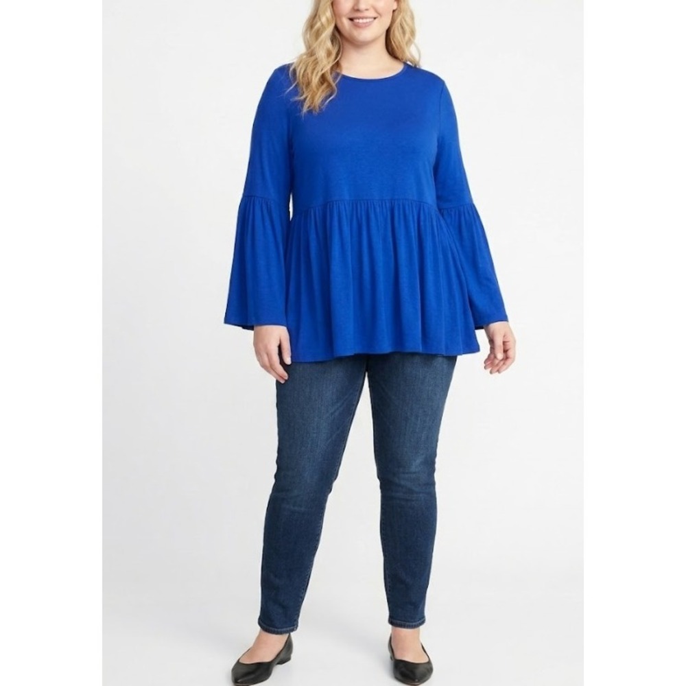 New‎ Joseph A. Babydoll Bell Sleeve Top 1X Royal Blue Tiered Ruffle Knit Peplum
